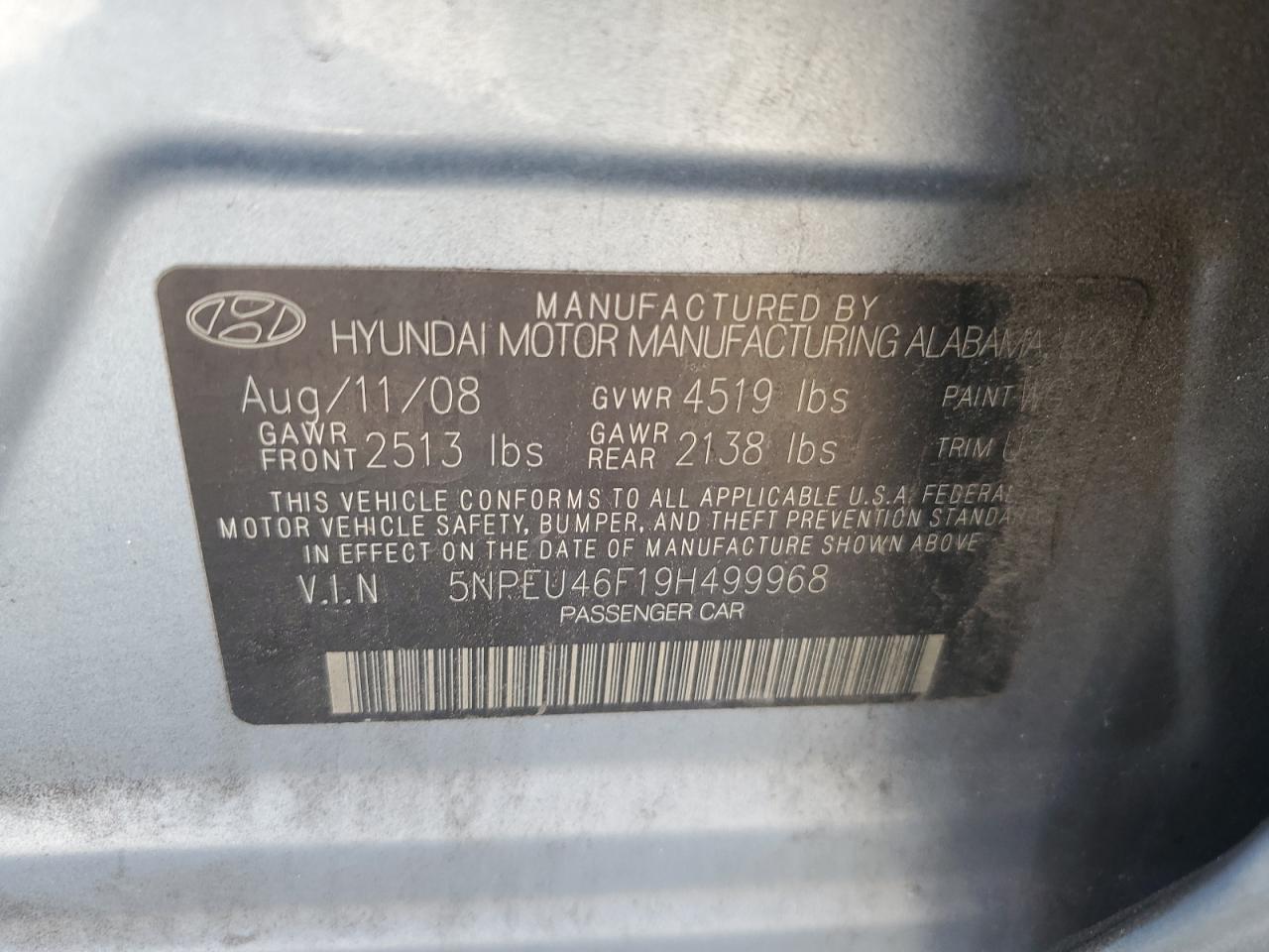 5NPEU46F19H499968 2009 Hyundai Sonata Se