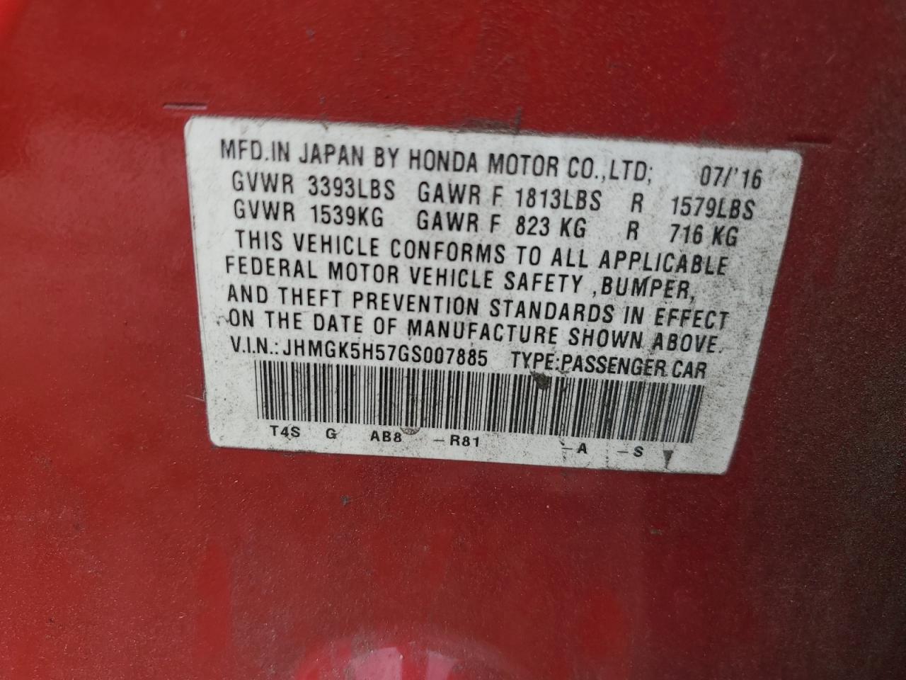 JHMGK5H57GS007885 2016 Honda Fit Lx