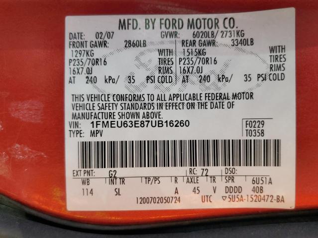 2007 Ford Explorer Xlt VIN: 1FMEU63E87UB16260 Lot: 59898464