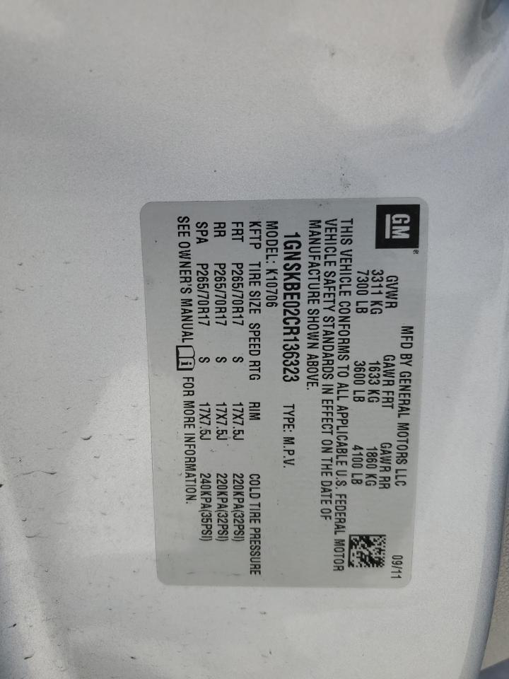 1GNSKBE02CR136323 2012 Chevrolet Tahoe K1500 Lt