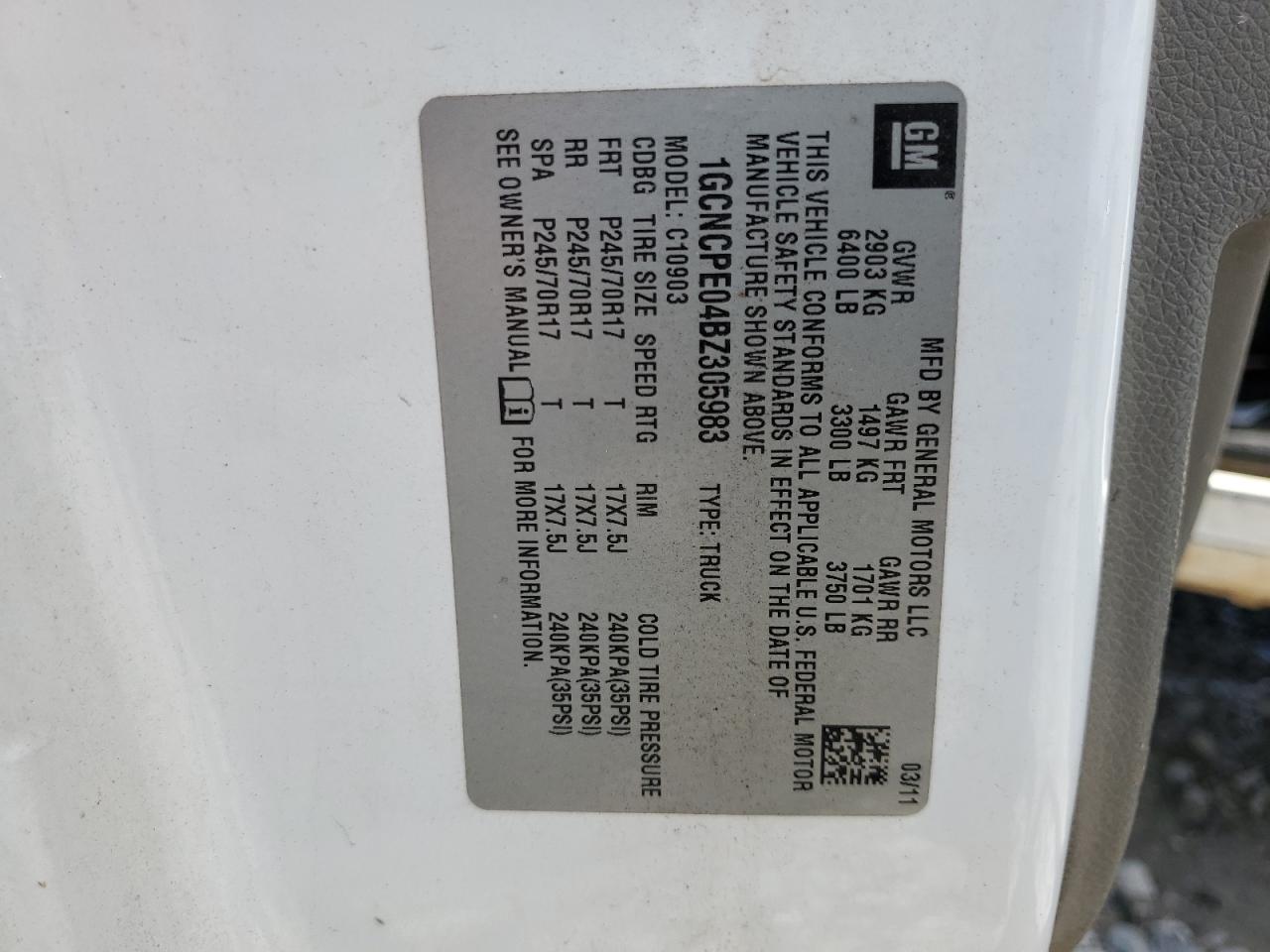 1GCNCPE04BZ305983 2011 Chevrolet Silverado C1500