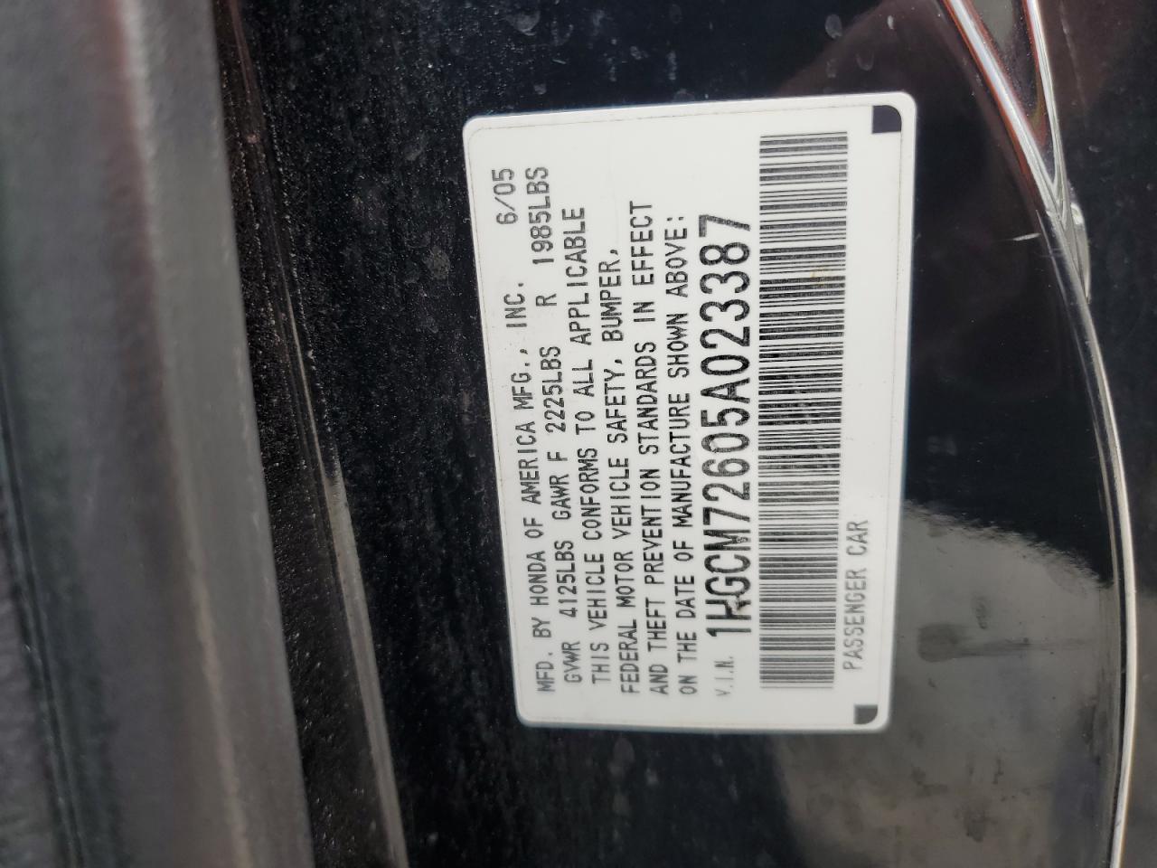 1HGCM72605A023387 2005 Honda Accord Ex