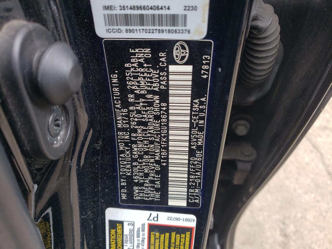 4T1BF1FK1GU186748 TOYOTA CAMRY 2016