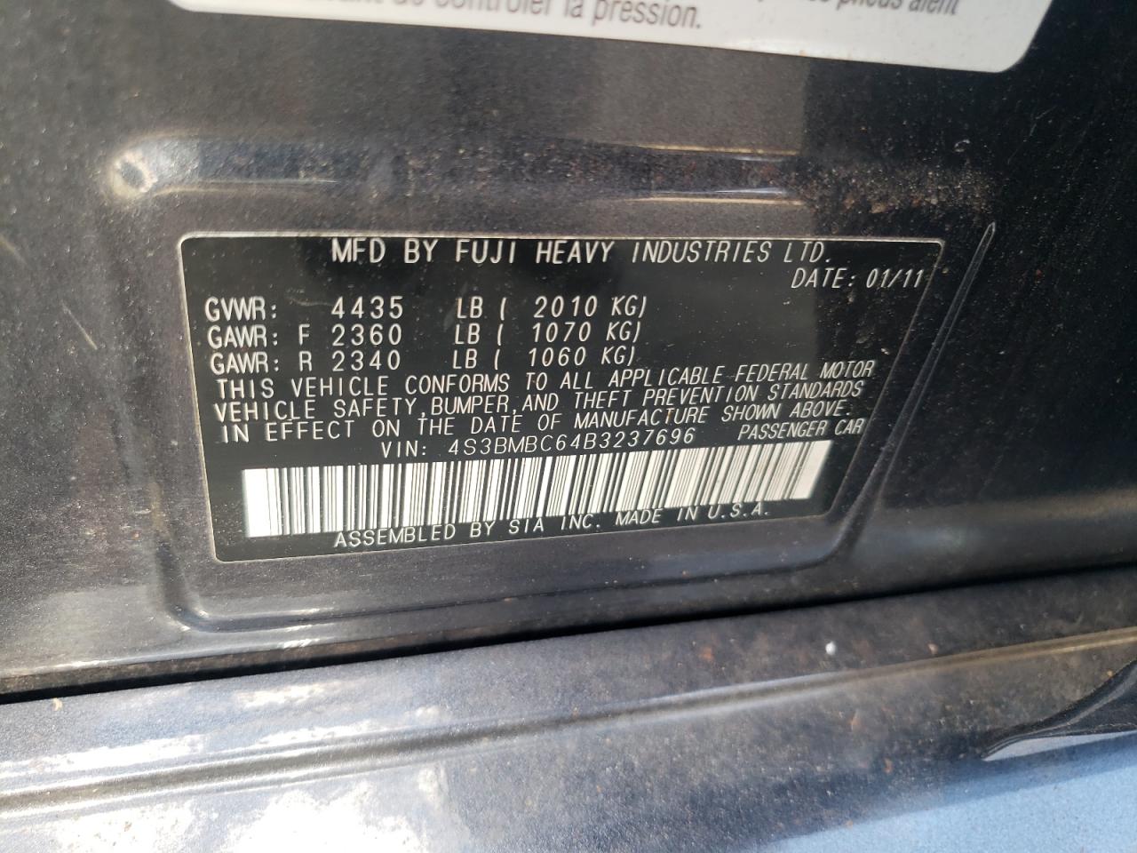 4S3BMBC64B3237696 2011 Subaru Legacy 2.5I Premium