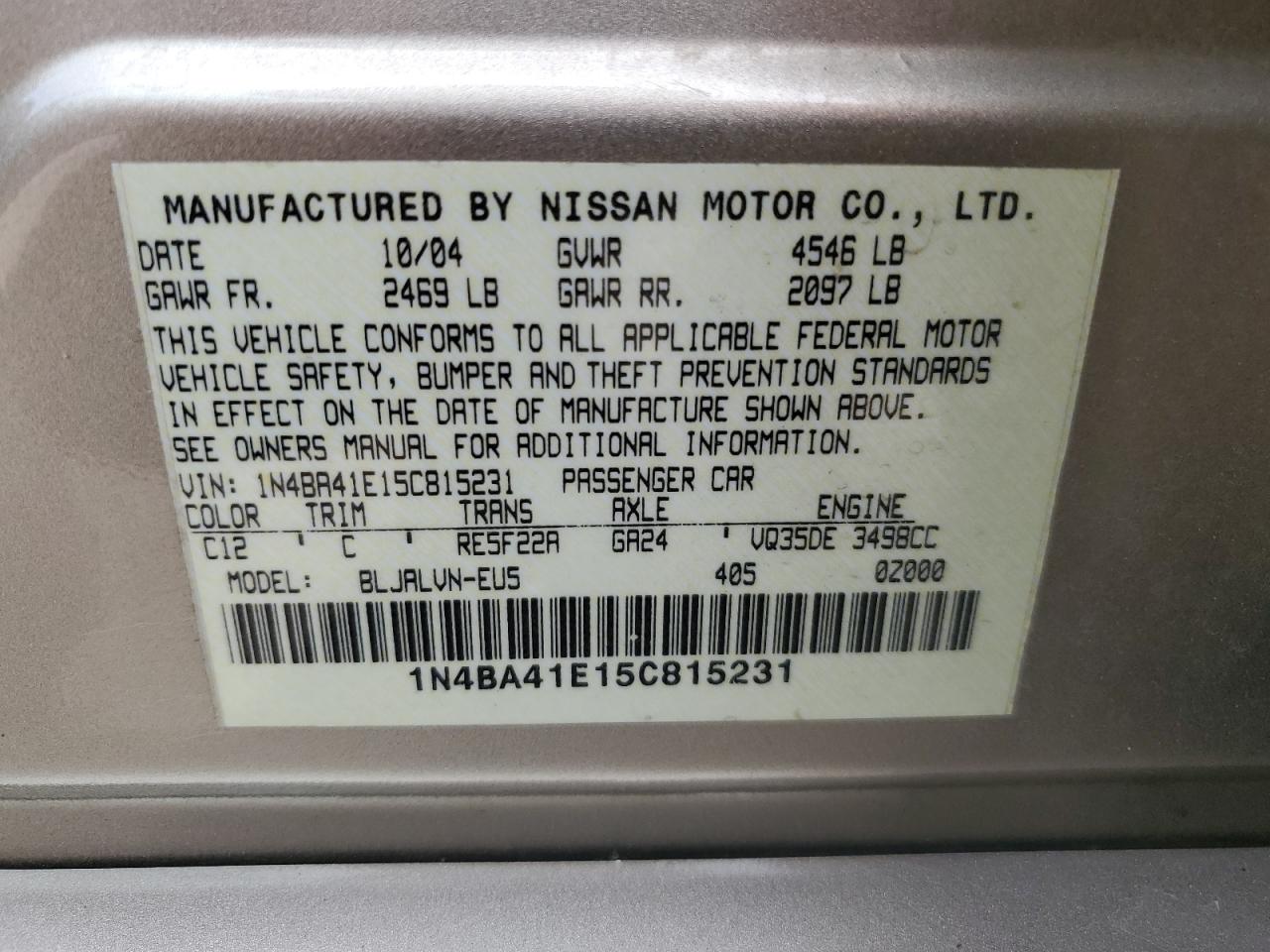 1N4BA41E15C815231 2005 Nissan Maxima Se