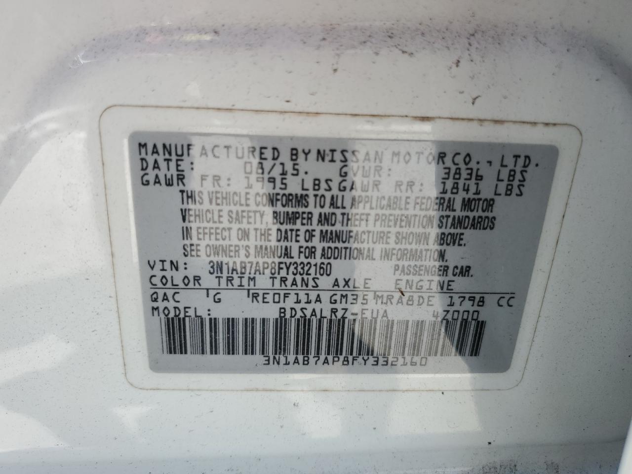 3N1AB7AP8FY332160 2015 Nissan Sentra S