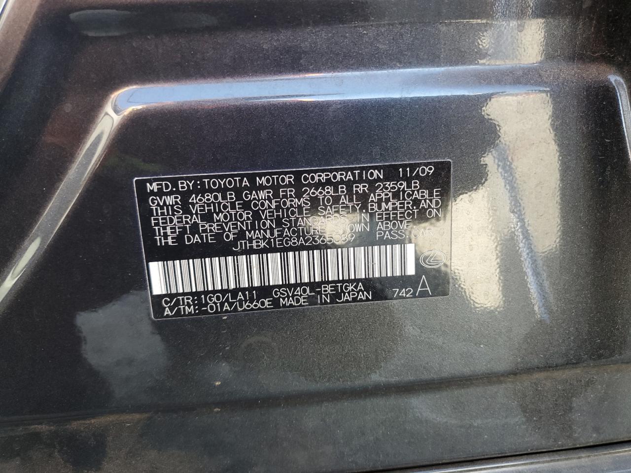 JTHBK1EG8A2365089 2010 Lexus Es 350