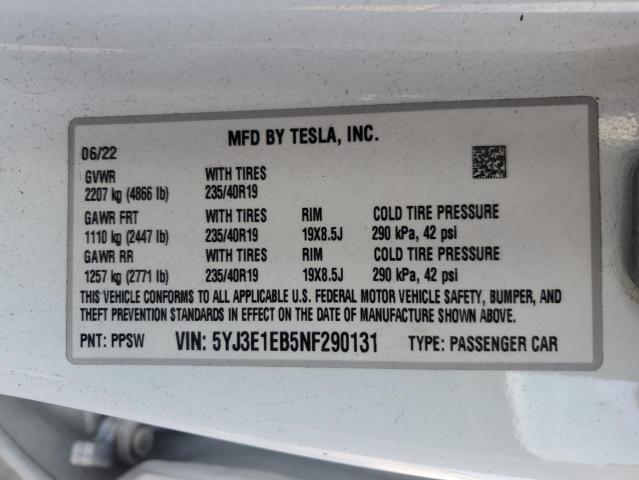 2022 TESLA MODEL 3 - 5YJ3E1EB5NF290131