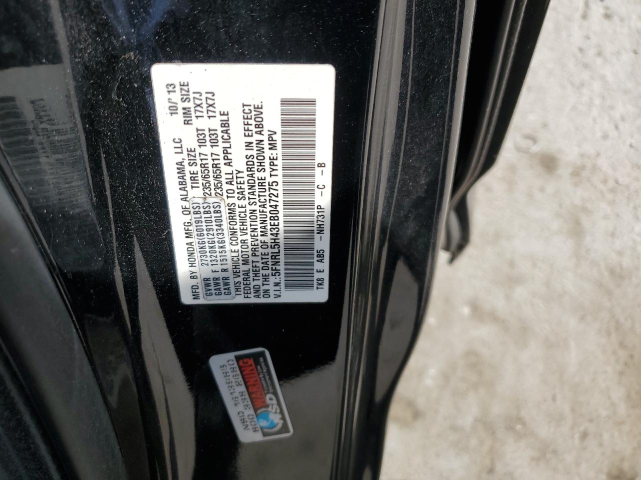 5FNRL5H43EB047275 2014 Honda Odyssey Ex