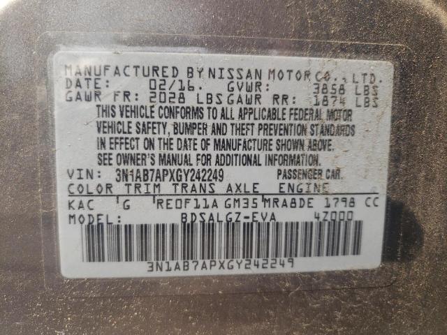 2016 Nissan Sentra S VIN: 3N1AB7APXGY242249 Lot: 58396814