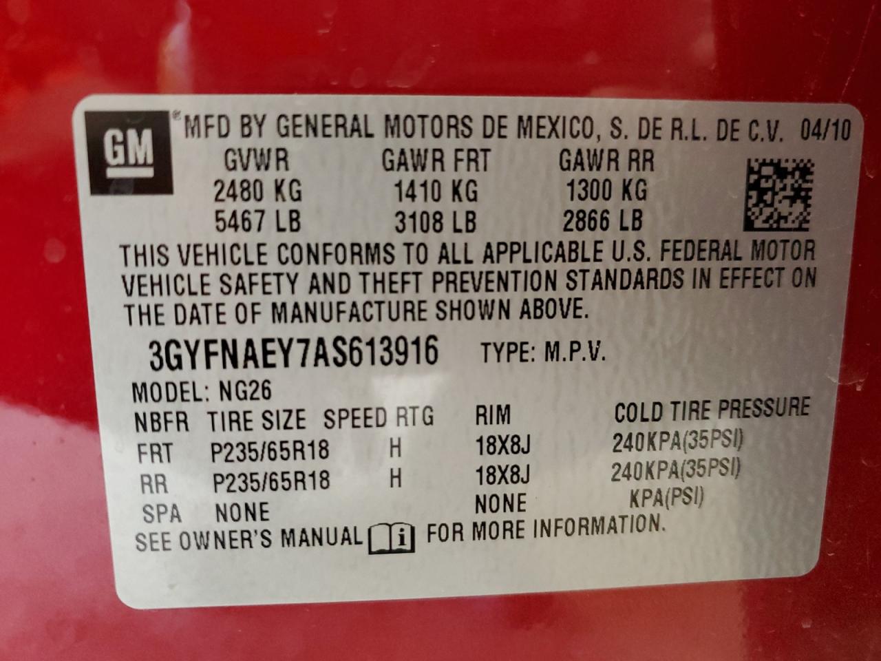 3GYFNAEY7AS613916 2010 Cadillac Srx Luxury Collection