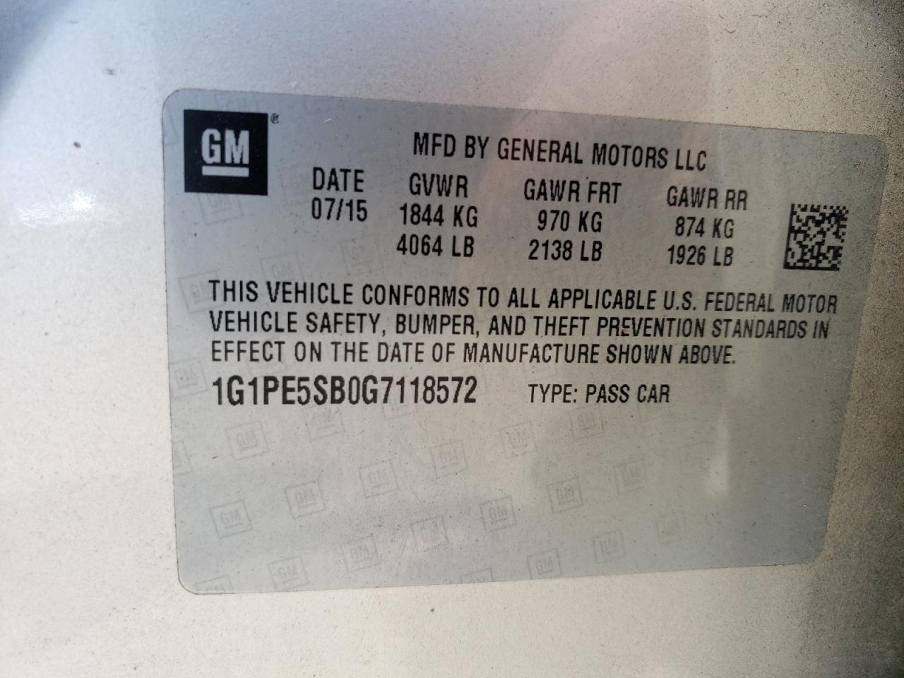 1G1PE5SB0G7118572 CHEVROLET CRUZE 2016
