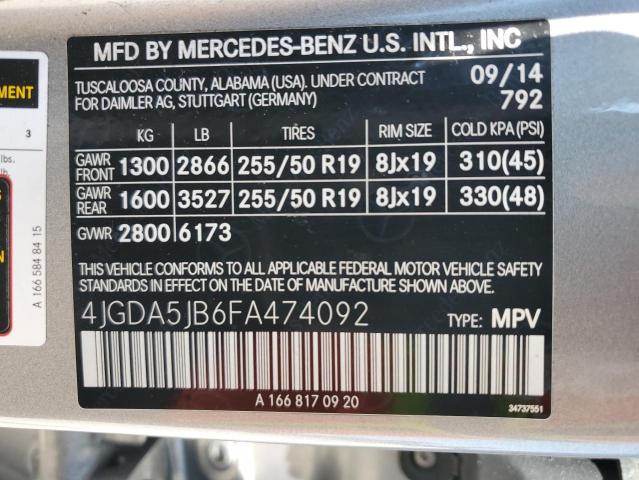 2015 Mercedes-Benz Ml 350 VIN: 4JGDA5JB6FA474092 Lot: 58211854