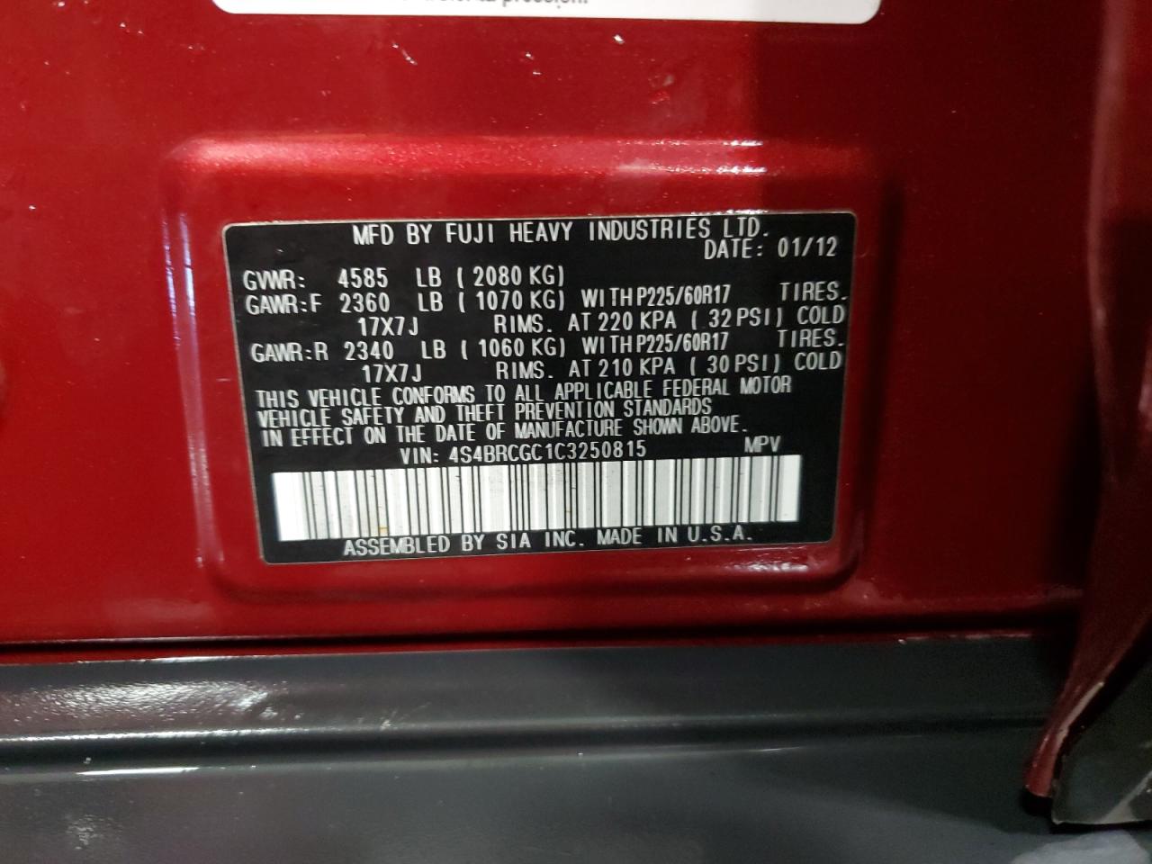 4S4BRCGC1C3250815 2012 Subaru Outback 2.5I Premium