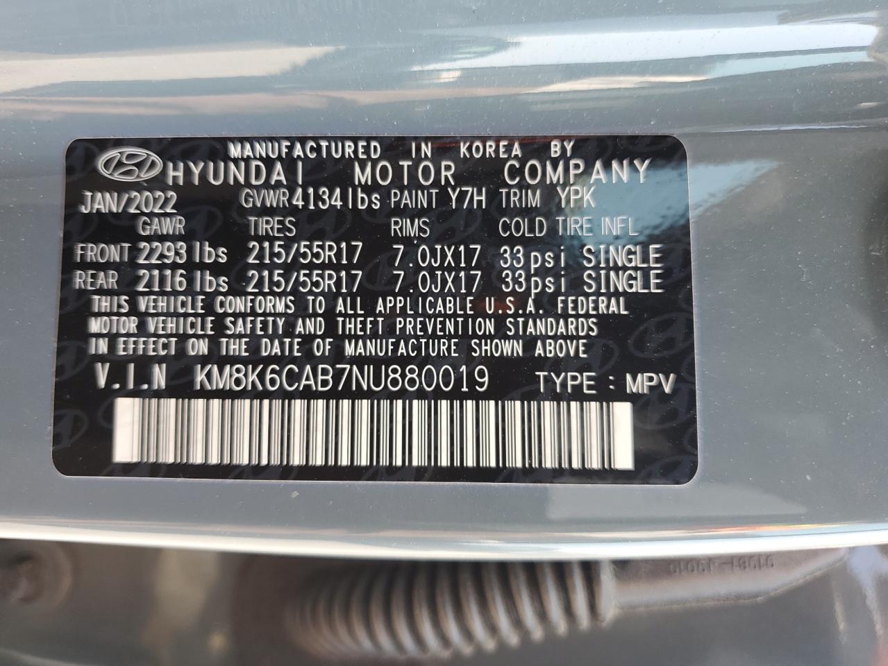 KM8K6CAB7NU880019 2022 Hyundai Kona Sel