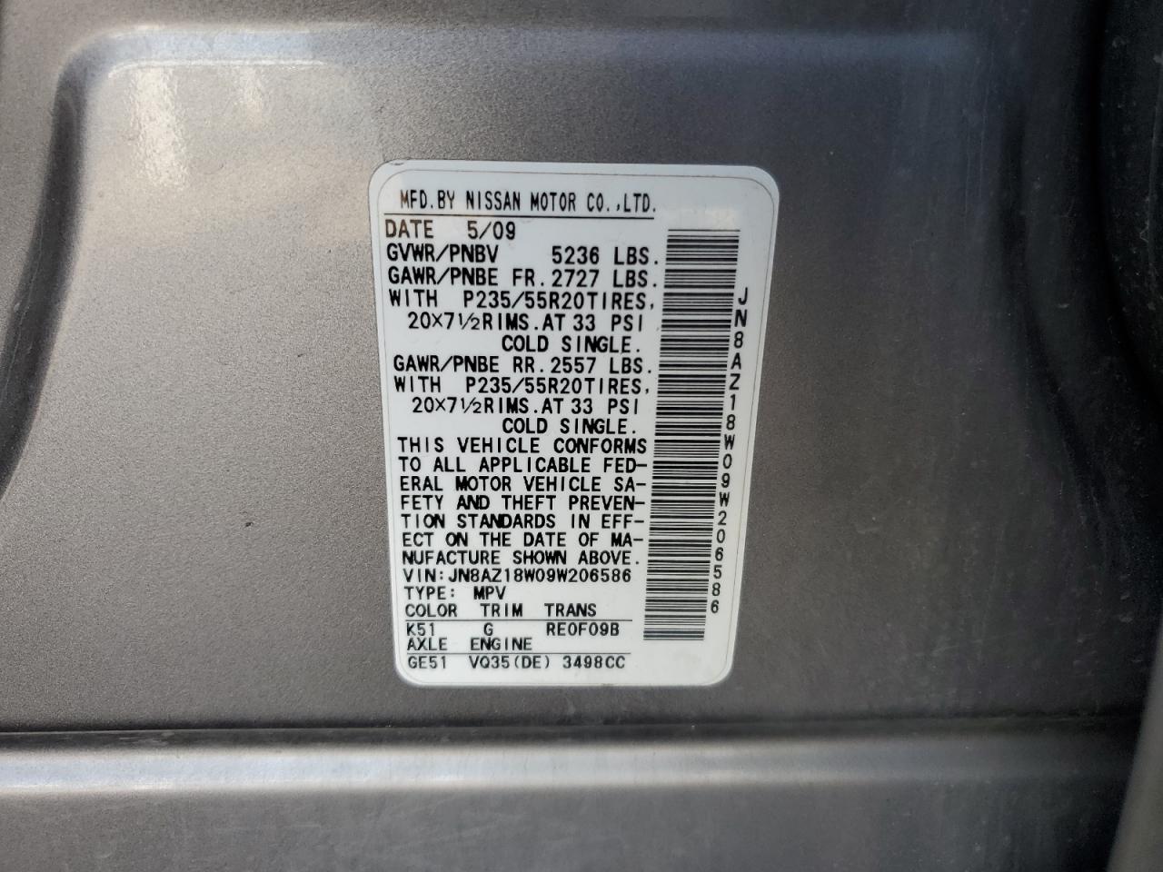 JN8AZ18W09W206586 2009 Nissan Murano S