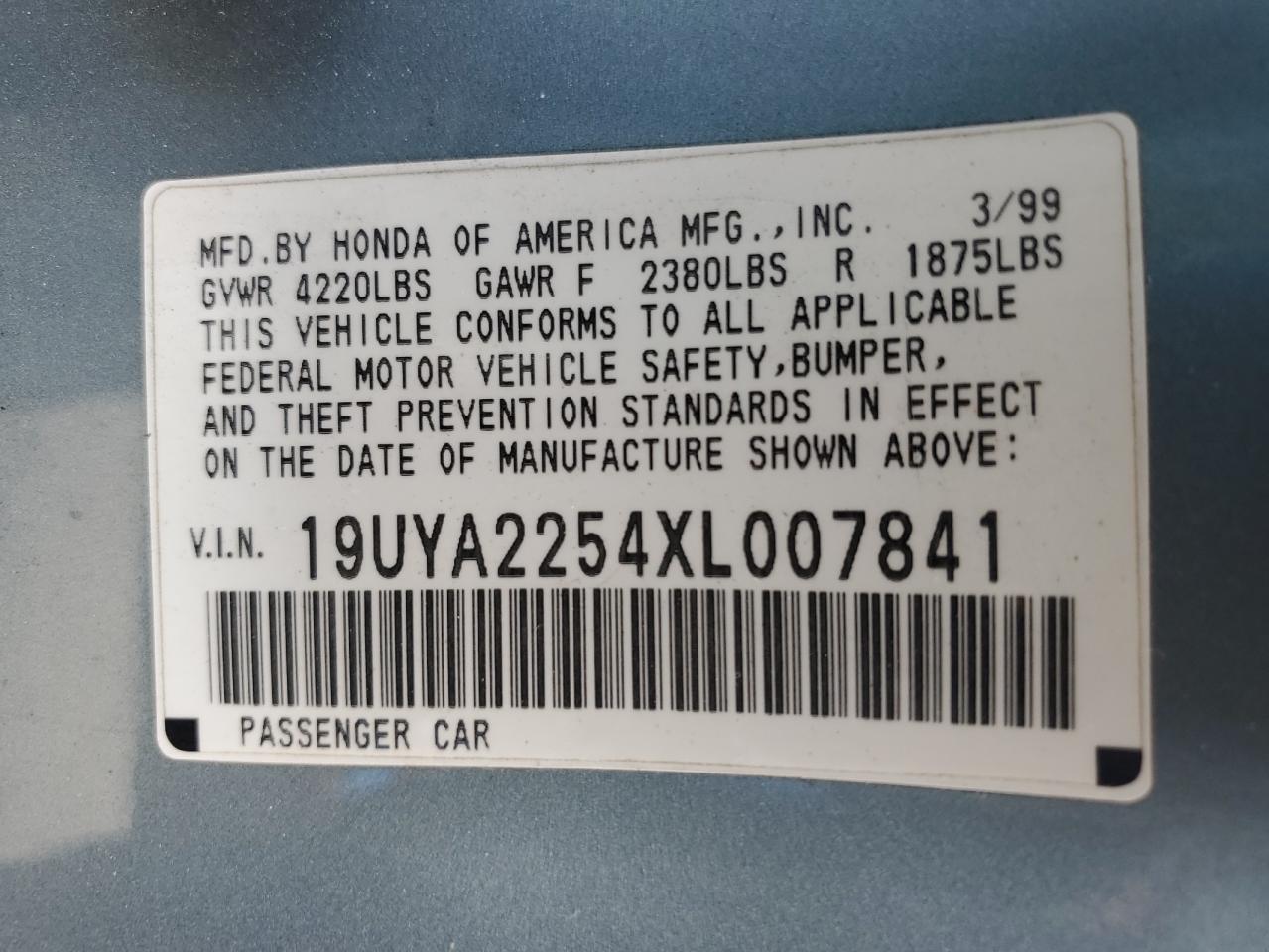 19UYA2254XL007841 1999 Acura 3.0Cl