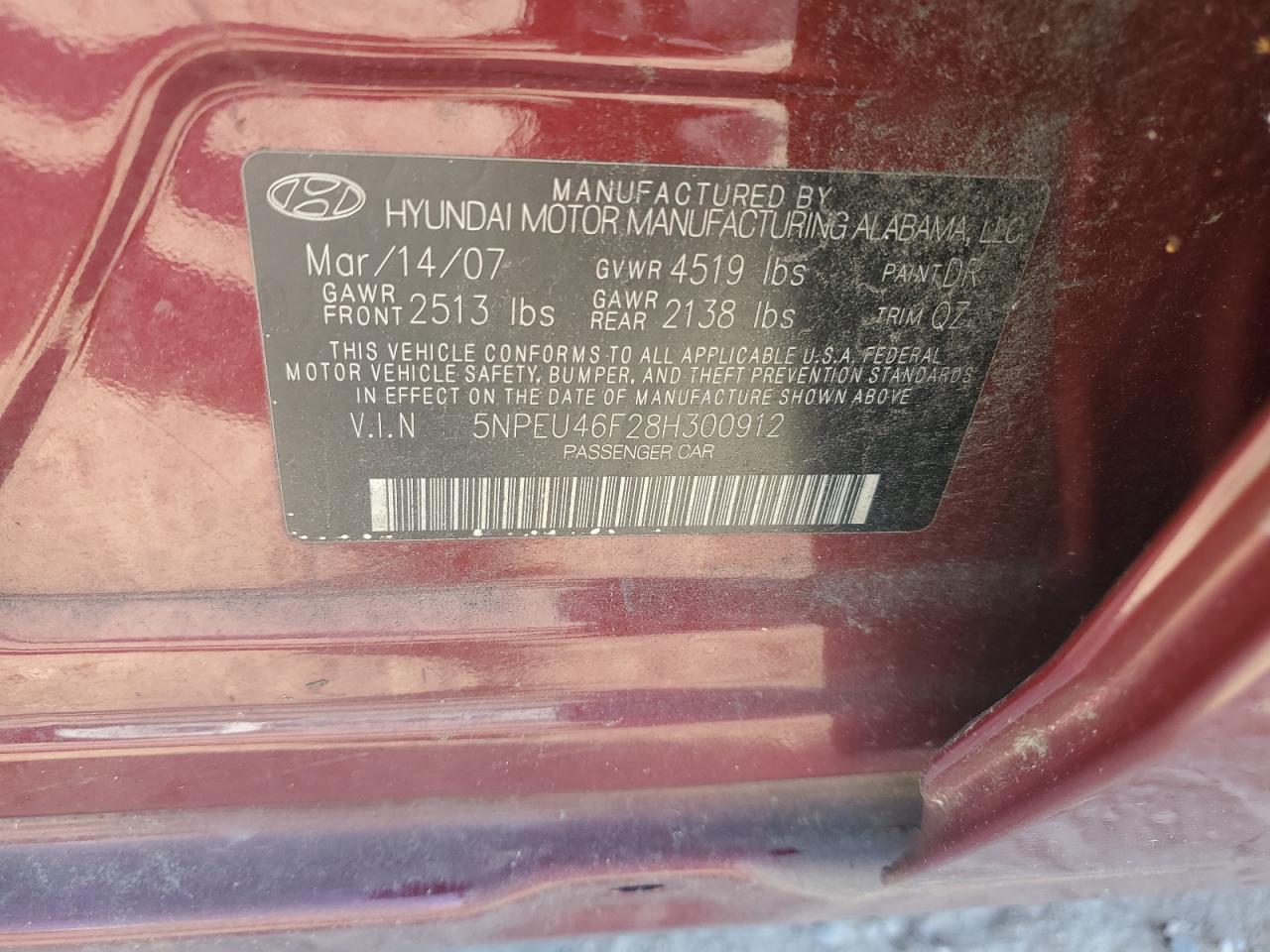 5NPEU46F28H300912 2008 Hyundai Sonata Se