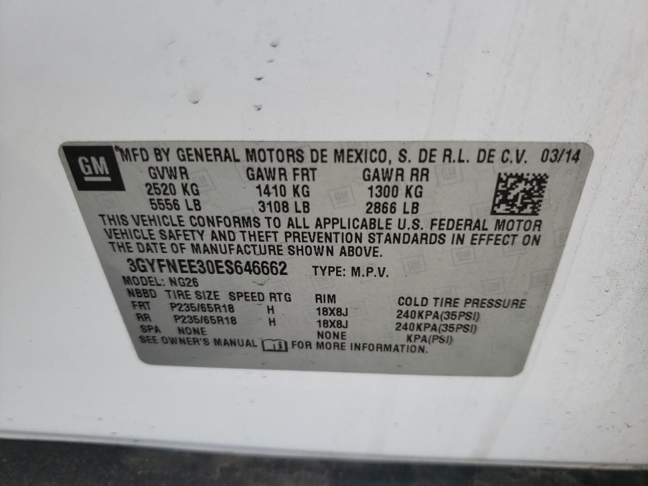 3GYFNEE30ES646662 2014 Cadillac Srx Luxury Collection