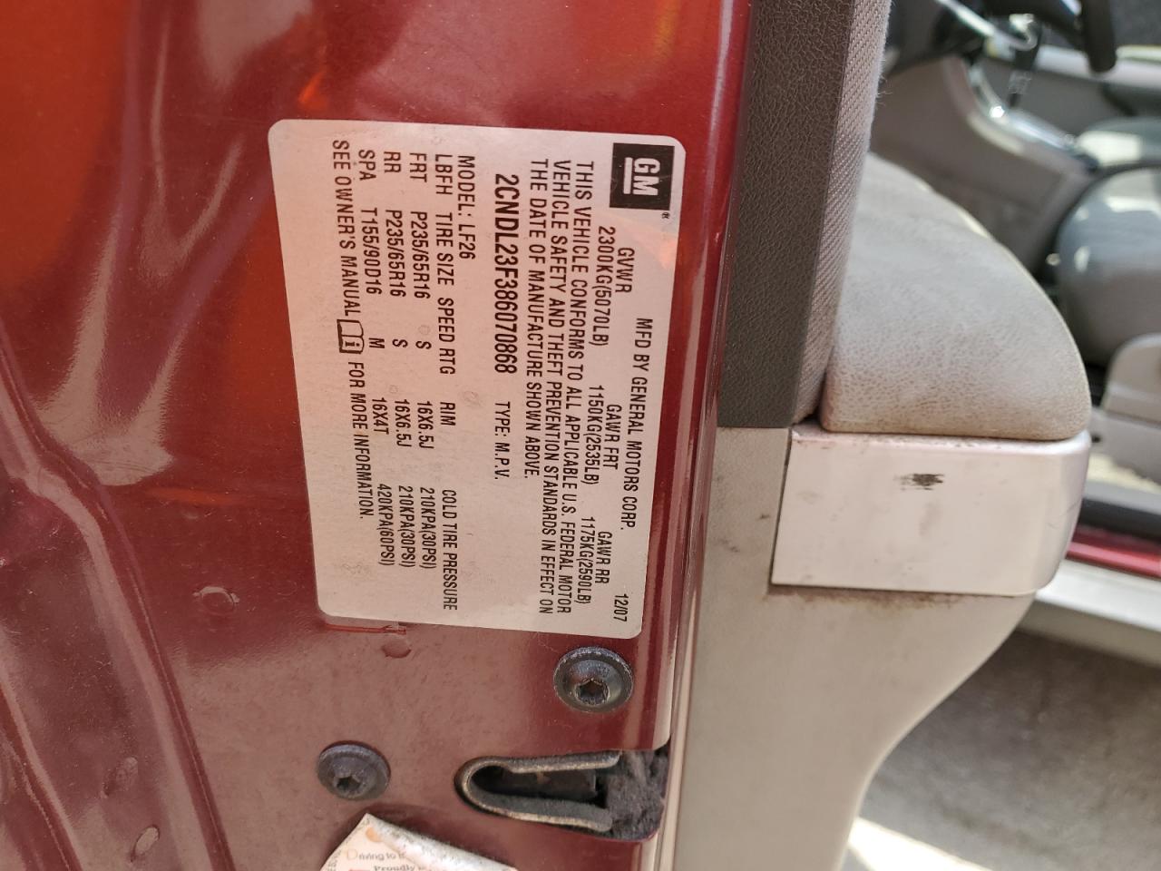 2CNDL23F386070868 2008 Chevrolet Equinox Ls