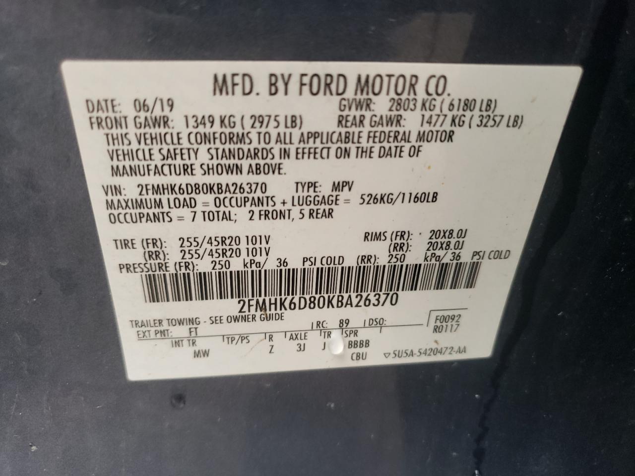2FMHK6D80KBA26370 FORD FLEX 2019