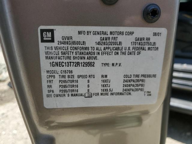 2002 Chevrolet Tahoe C1500 VIN: 1GNEC13T72R129562 Lot: 59799394