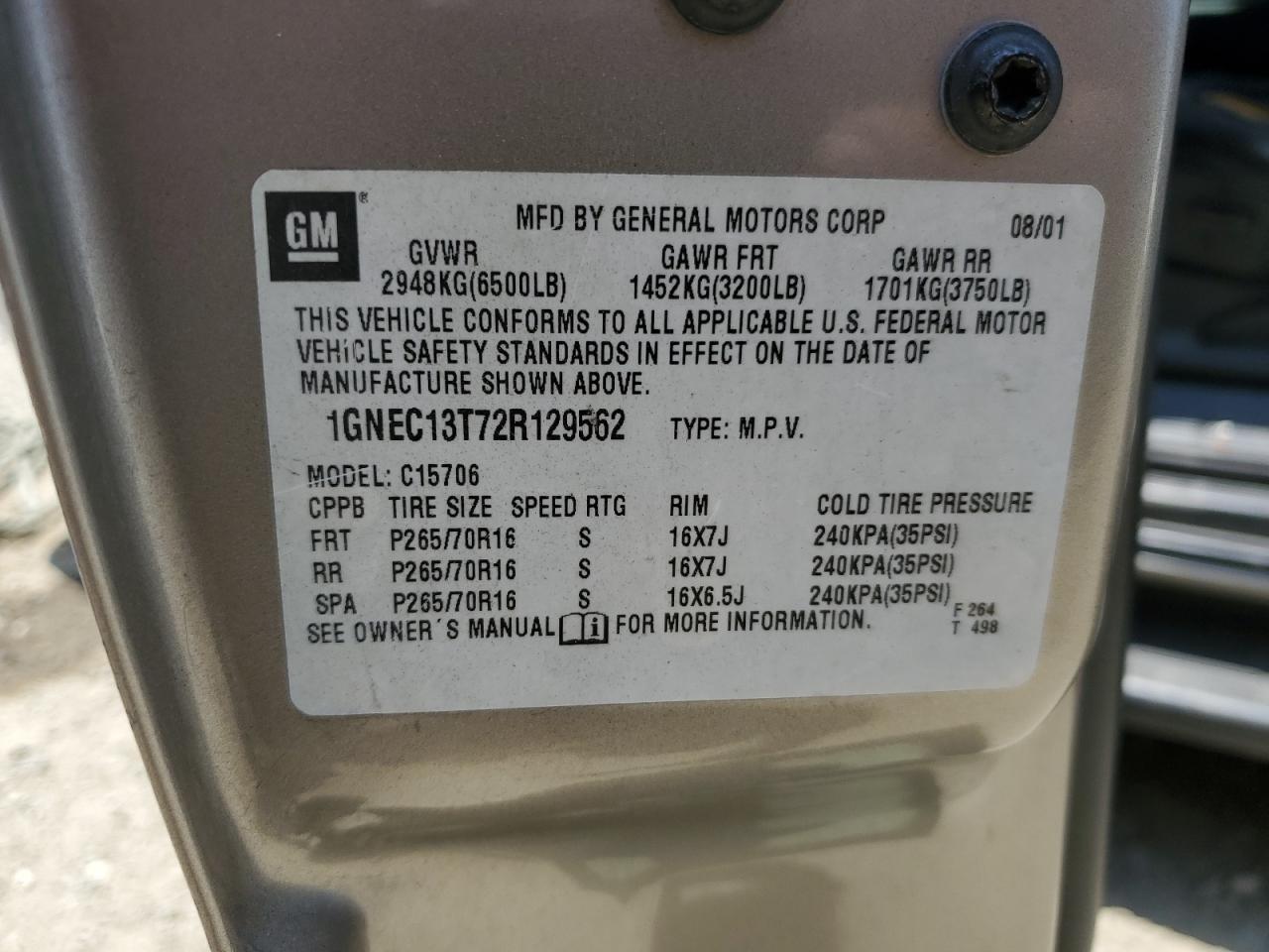 1GNEC13T72R129562 2002 Chevrolet Tahoe C1500