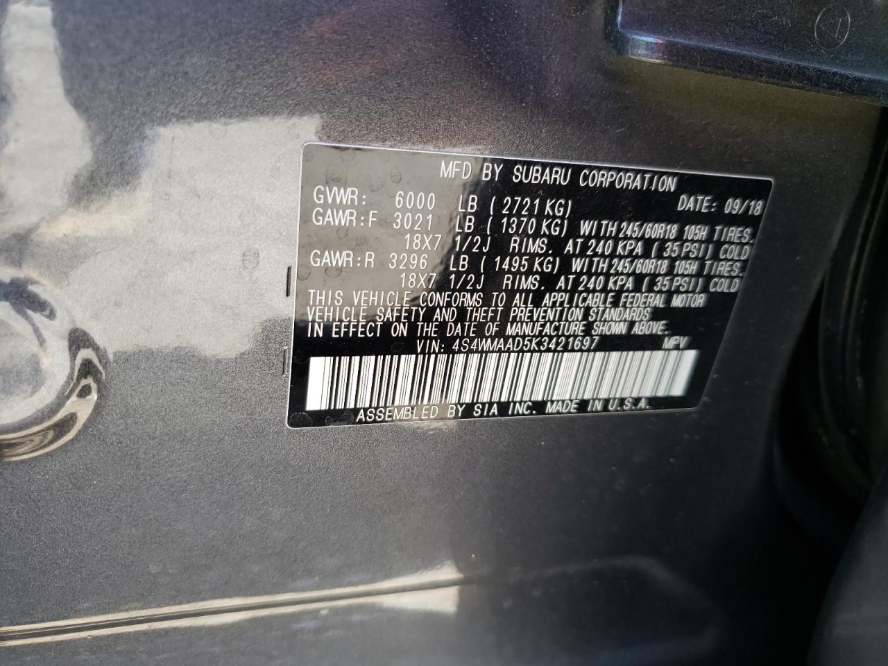 4S4WMAAD5K3421697 2019 Subaru Ascent