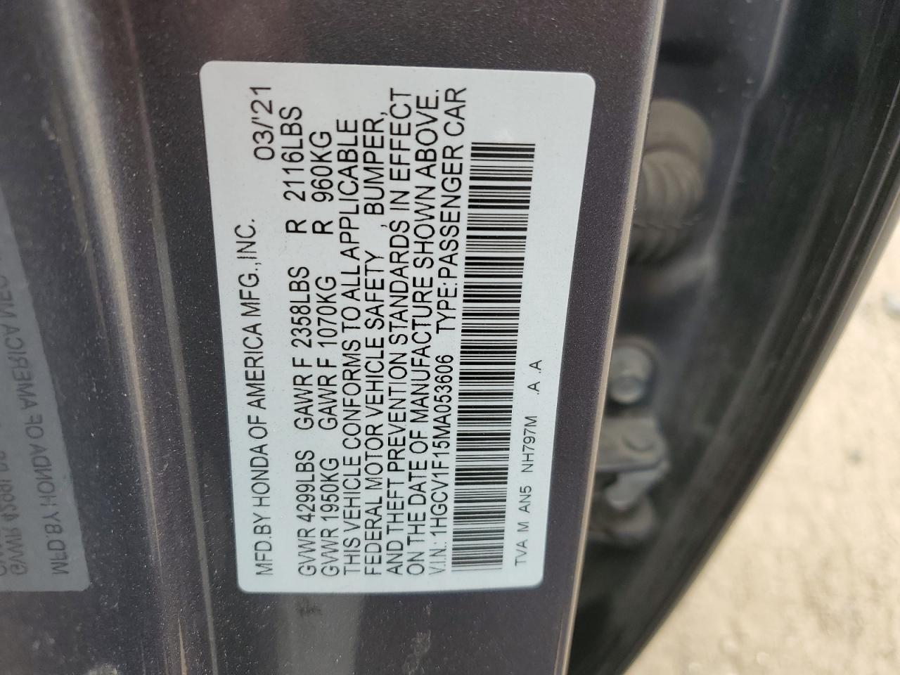 1HGCV1F15MA053606 2021 Honda Accord Lx