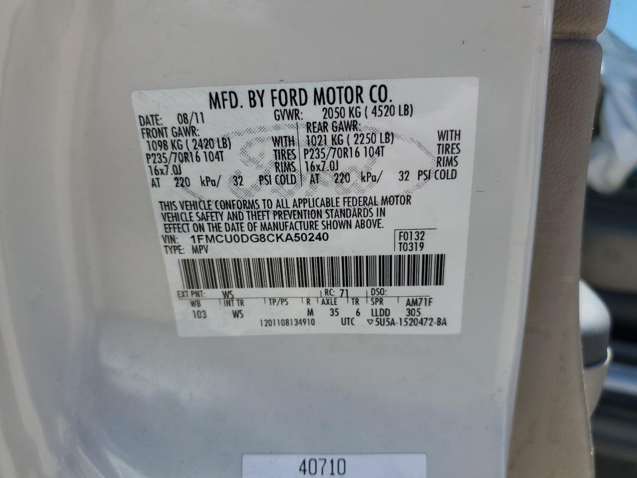 1FMCU0DG8CKA50240 2012 Ford Escape Xlt