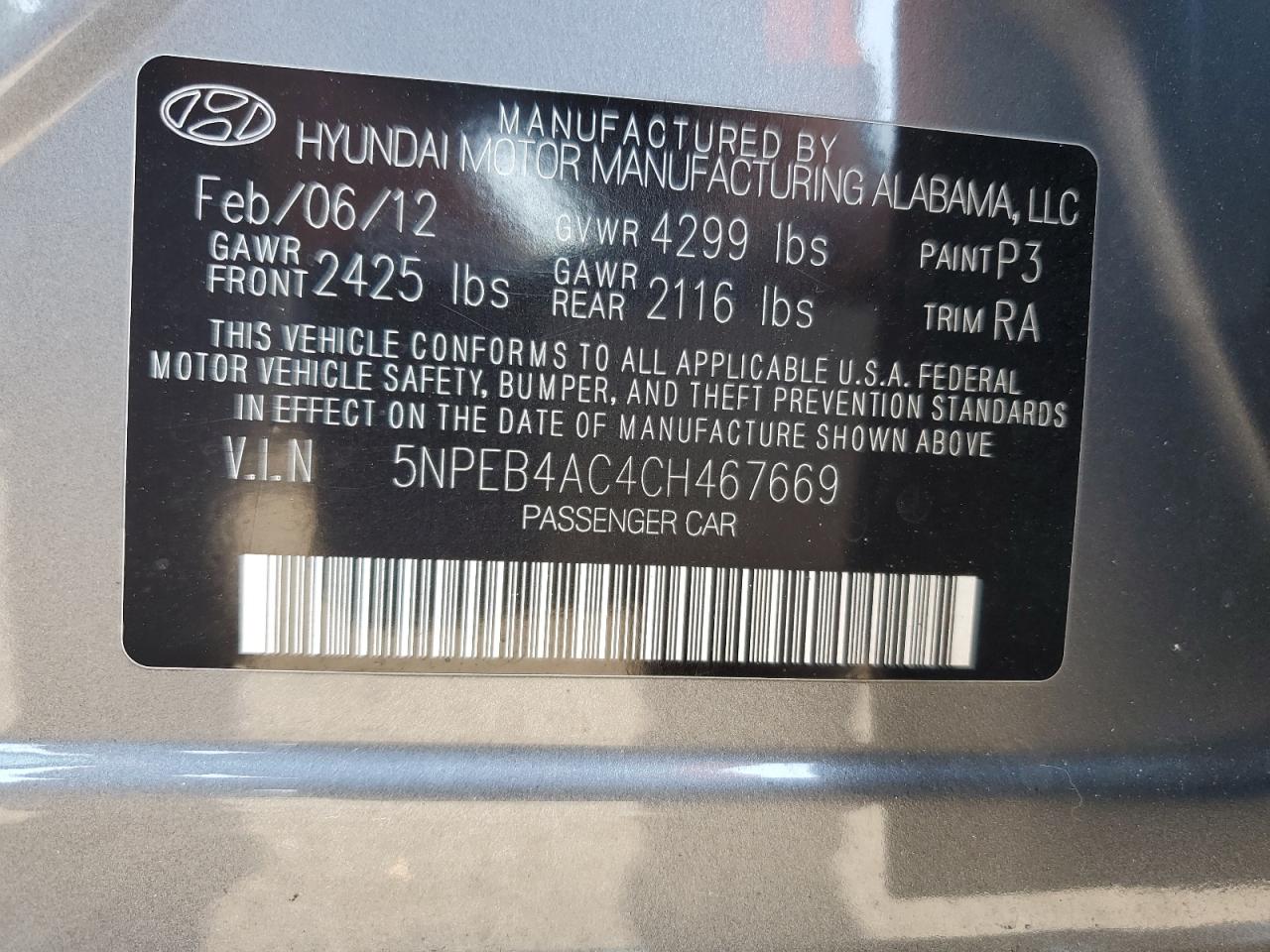 5NPEB4AC4CH467669 2012 Hyundai Sonata Gls