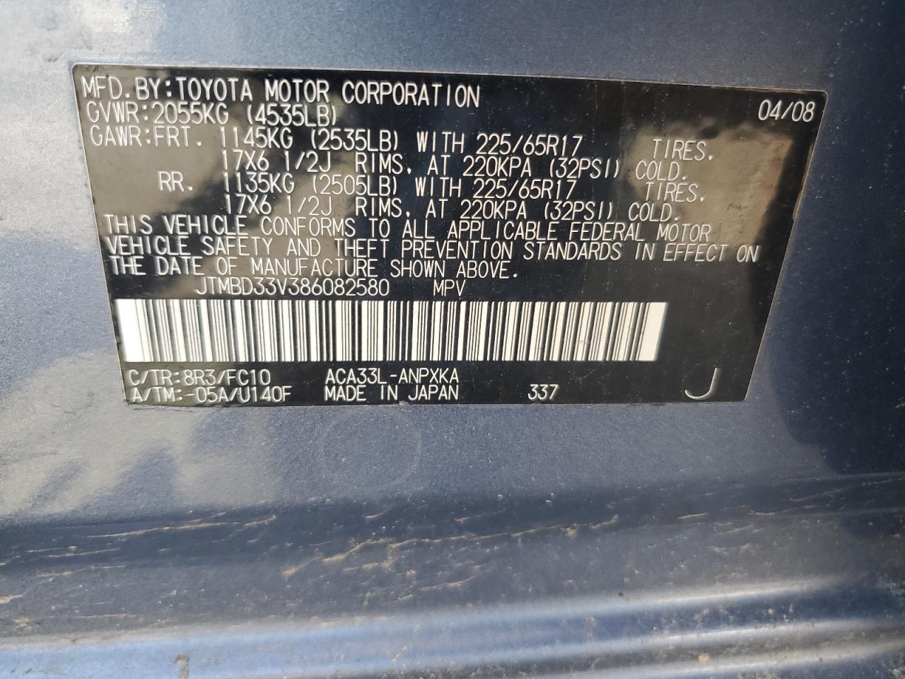 JTMBD33V386082580 2008 Toyota Rav4