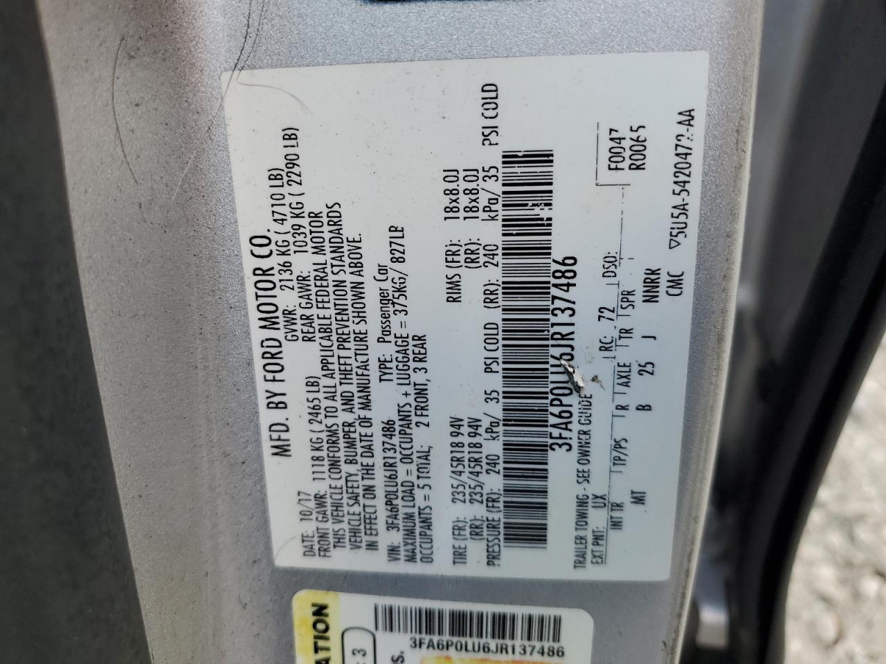 3FA6P0LU6JR137486 2018 Ford Fusion Se Hybrid