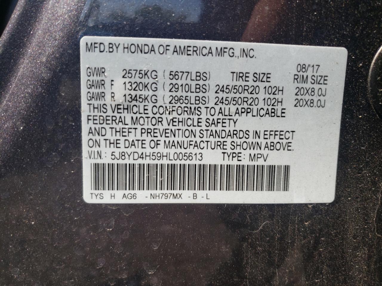 5J8YD4H59HL005613 2017 Acura Mdx Technology