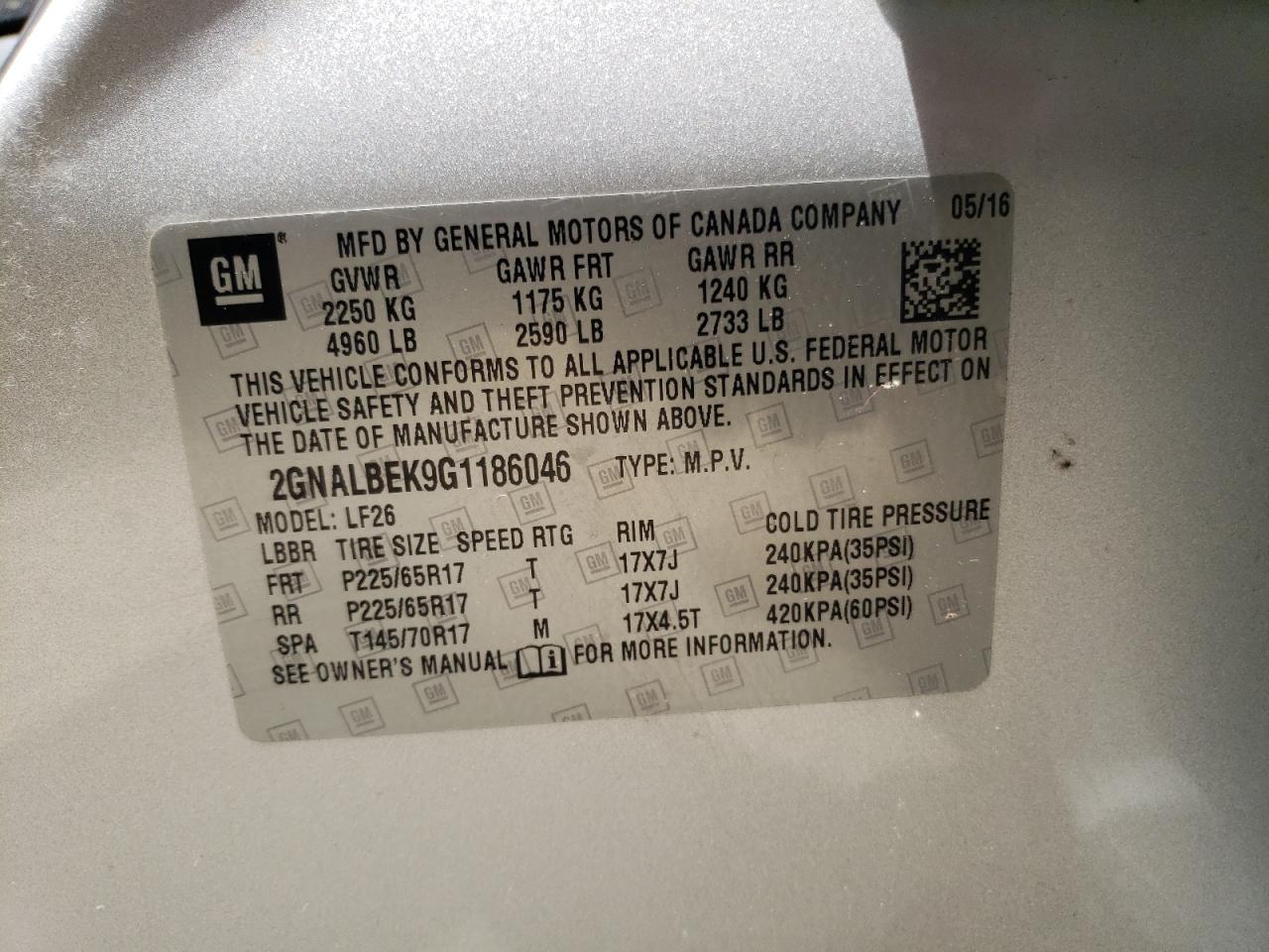 2GNALBEK9G1186046 CHEVROLET EQUINOX 2016