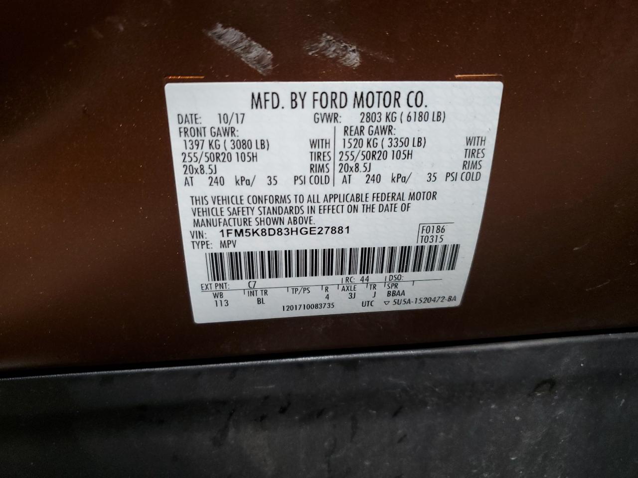 1FM5K8D83HGE27881 2017 Ford Explorer Xlt