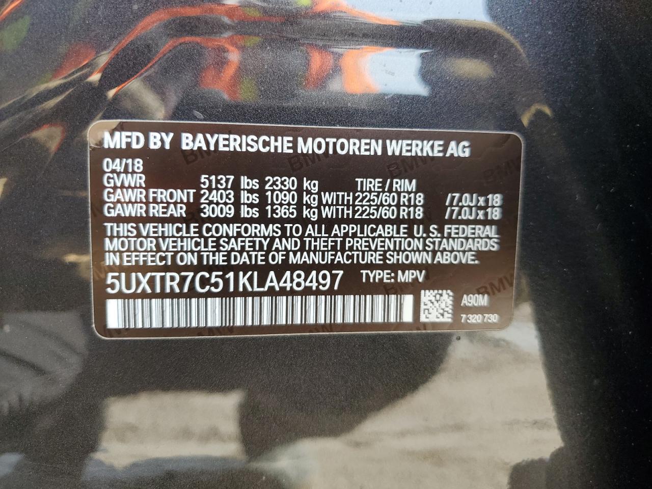 5UXTR7C51KLA48497 2019 BMW X3 Sdrive30I