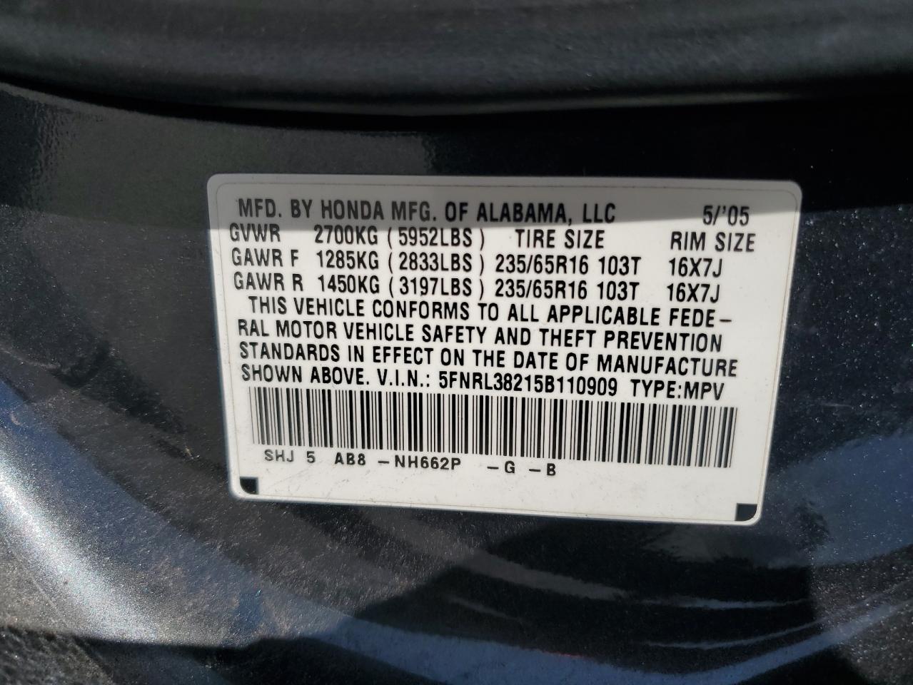 5FNRL38215B110909 2005 Honda Odyssey Lx