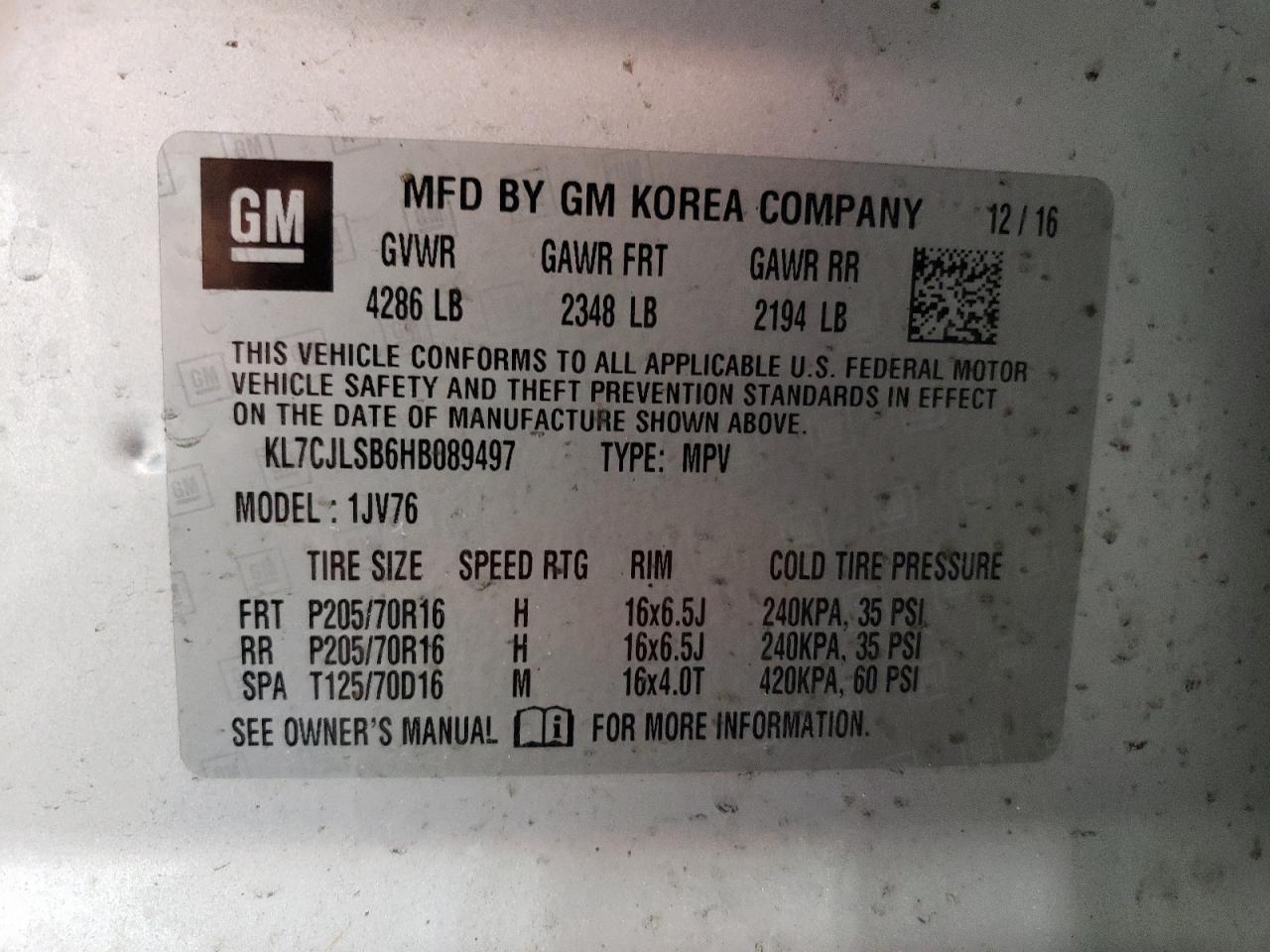 KL7CJLSB6HB089497 CHEVROLET TRAX 2017