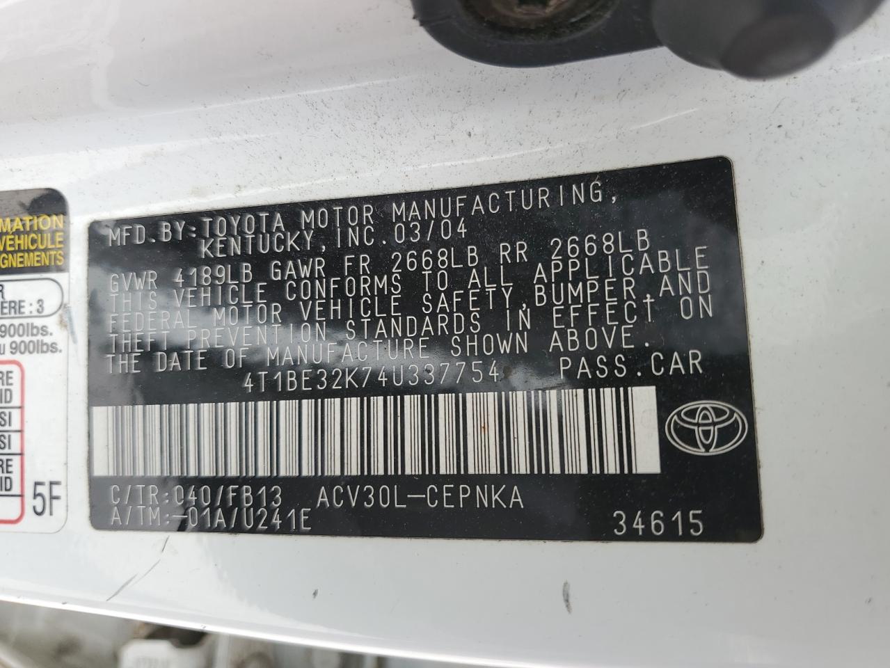 4T1BE32K74U337754 2004 Toyota Camry Le