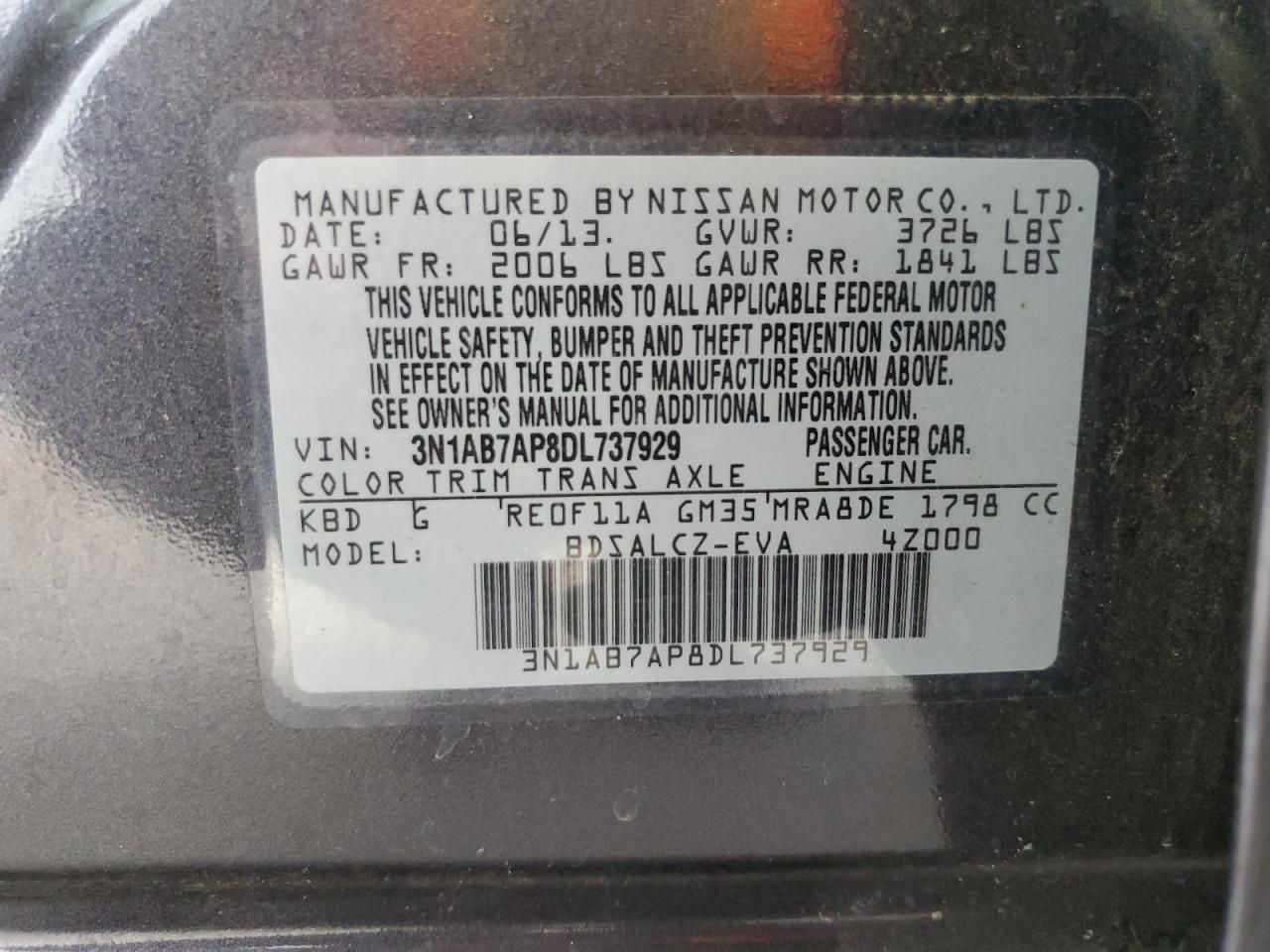3N1AB7AP8DL737929 2013 Nissan Sentra S