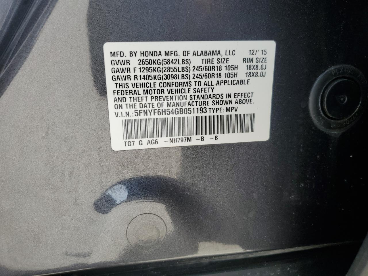 5FNYF6H54GB051193 HONDA PILOT 2016