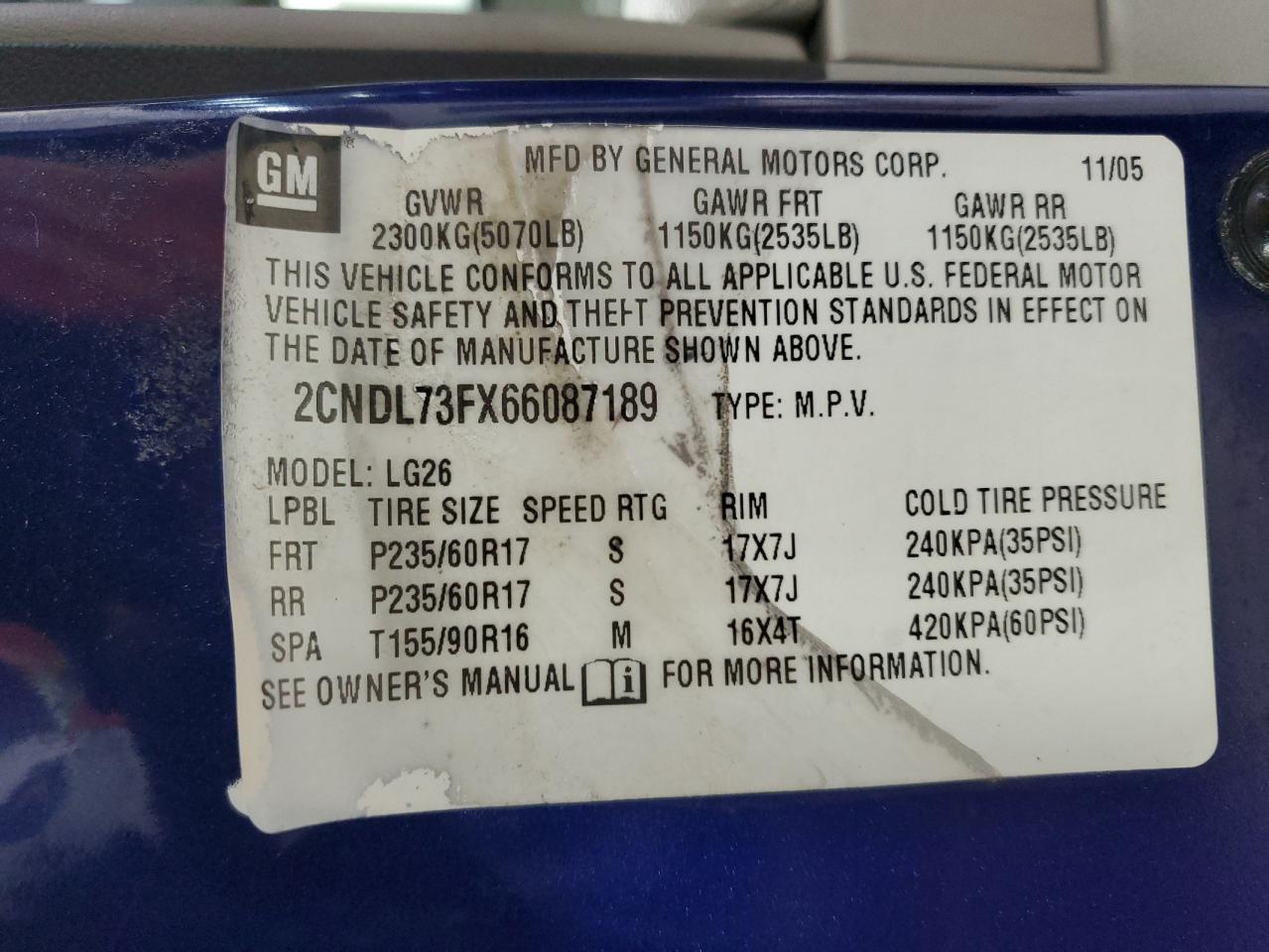 2CNDL73FX66087189 2006 Chevrolet Equinox Lt