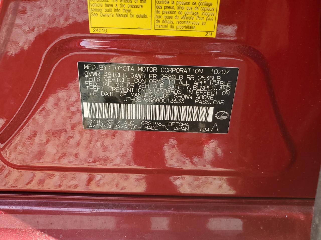 jthce96s680013633 JTHCE96S680013633 2008 Lexus Gs 350