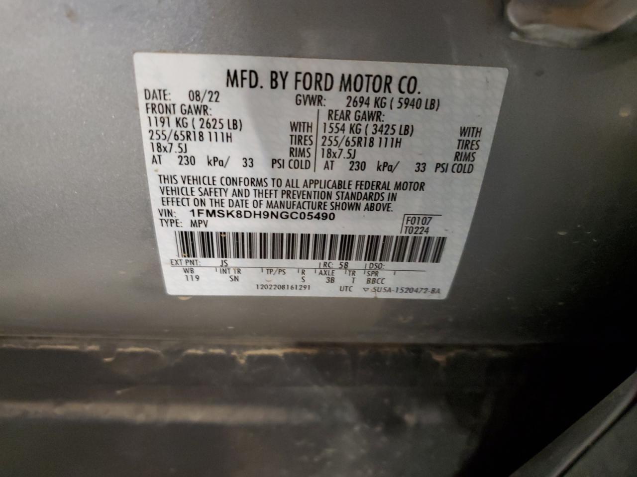 1FMSK8DH9NGC05490 2022 Ford Explorer Xlt