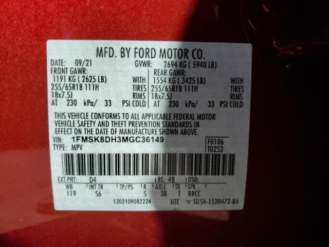 2021 Ford Explorer Xlt VIN: 1FMSK8DH3MGC36149 Lot: 58917134