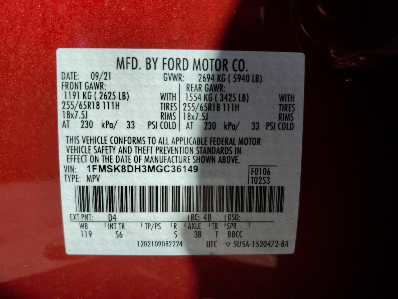 1FMSK8DH3MGC36149 2021 Ford Explorer Xlt