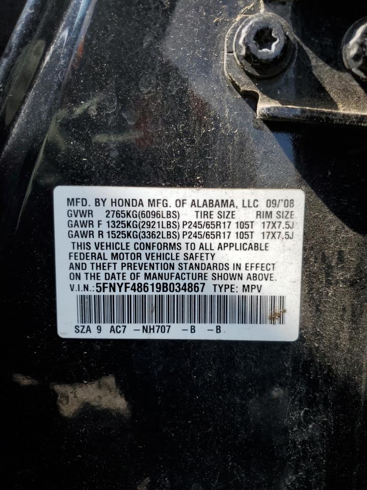 5FNYF48619B034867 2009 Honda Pilot Exl