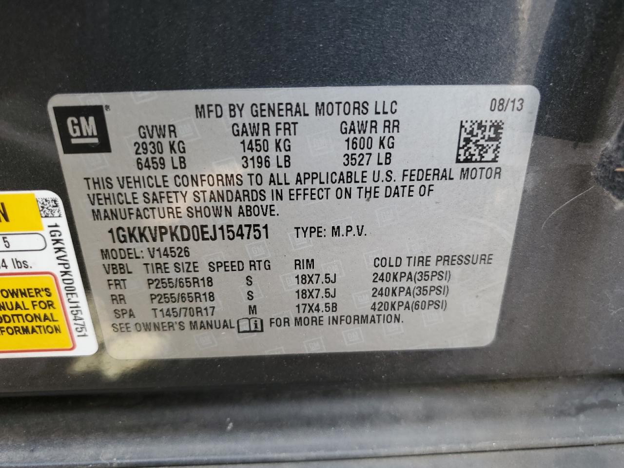 1GKKVPKD0EJ154751 2014 GMC Acadia Sle