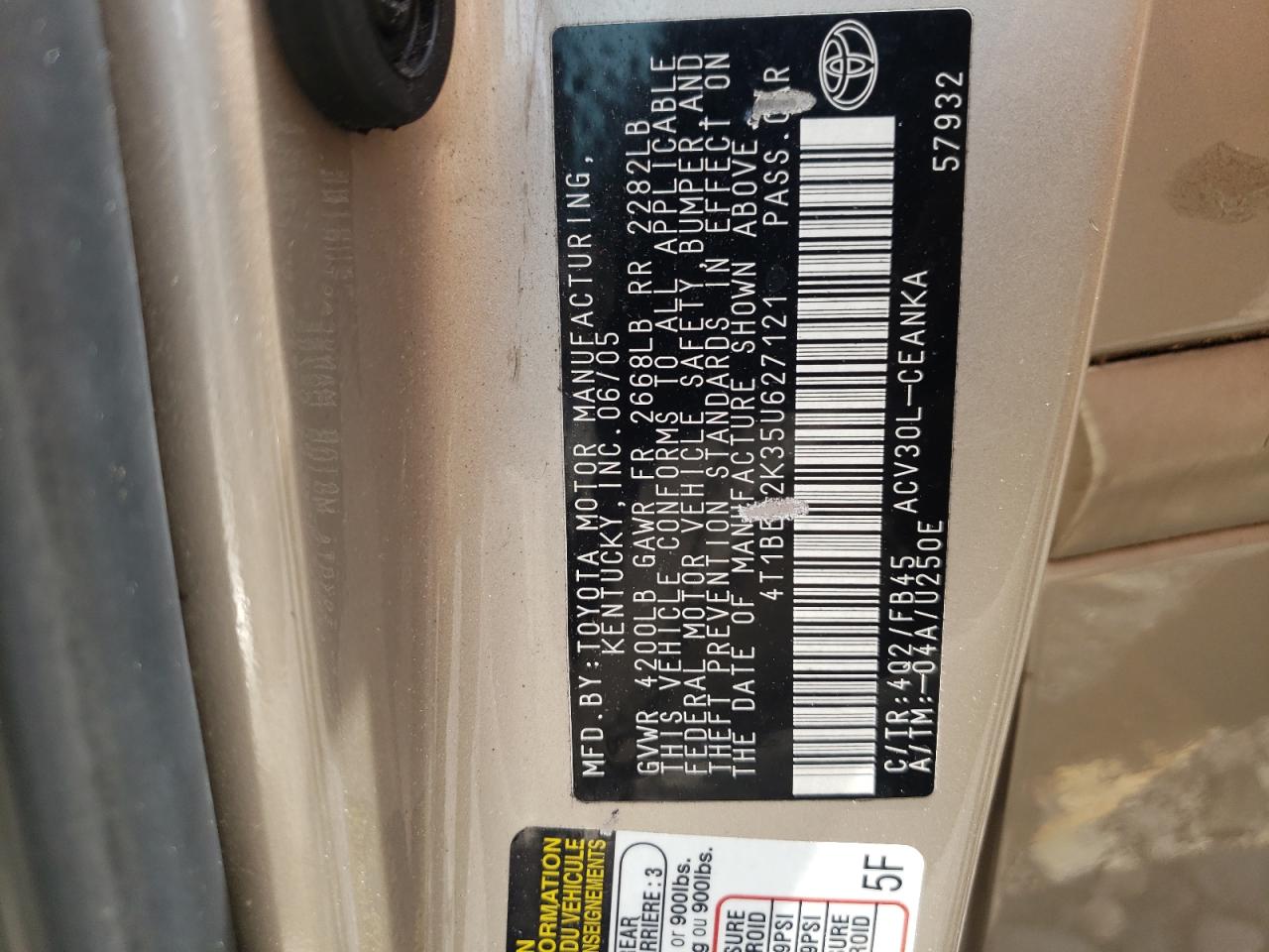 4T1BE32K35U627121 2005 Toyota Camry Le